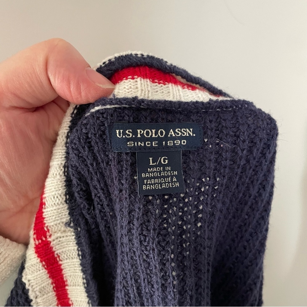 U.S. Polo Assn. Navy Cable Knit Button Up Cardigan Preppy Varsity Academia Large - Picture 6 of 8